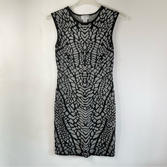 Carmen Mark Valvo Black Grey Knit Midi Dress M Print Bodycon - Picture 2 of 10